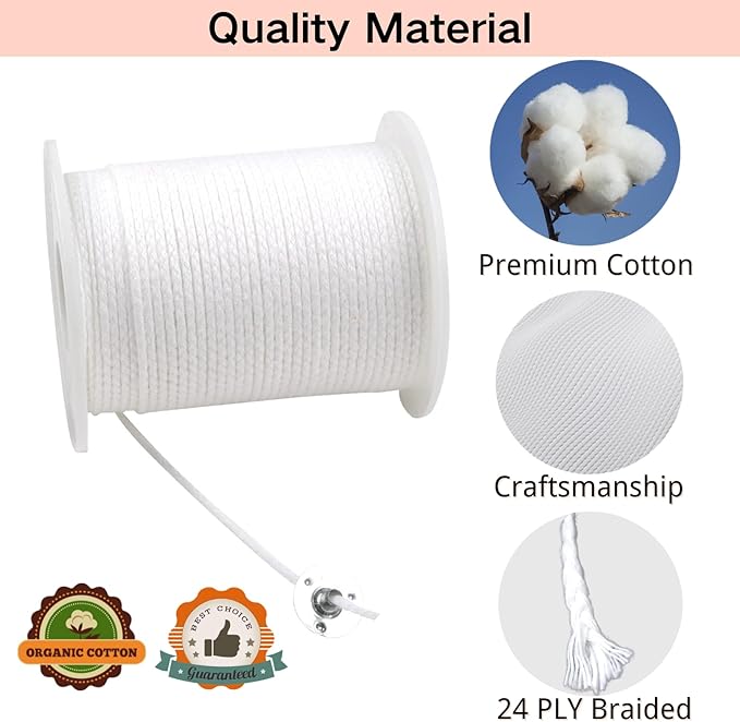 【270 Feet】 Candle Wick Roll with 125 Pcs Metal Candle Wick Sustainer Tabs, 80Pcs Candle Wick Stickers and 5Pcs Wooden Candle Wick Centering Device, 82m Cotton Candle Wicks for Candle Making Kit