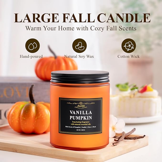 Auelife Scented Candle, Vanilla Pumpkin Candles – 22oz Large 3-Wick Holiday Soy Candle, Long Lasting Winter Candles for Home Décor, Thanksgiving & Holiday Gift for Women & Men