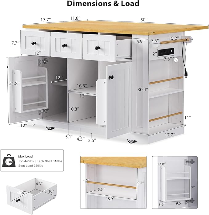 Kitchen Storage Island on Wheels with Drop Leaf & Power Outlet, Rolling Kitchen Island Cart with Open Side Racks, Door Shelves and Towel Bar, 53-Inch, White
