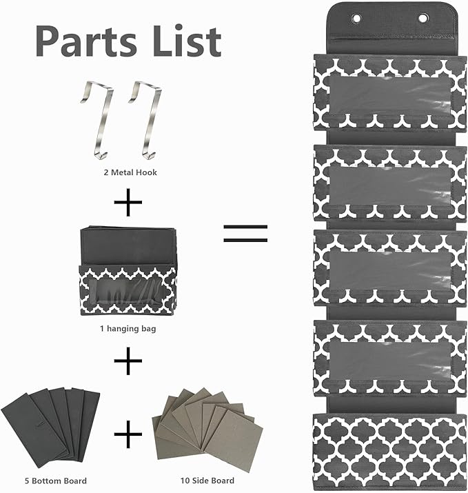 Over The Door Hanging Organizer with 5 Large Pockets - Wall Mount Pantry Storage with Clear PVC Window & 2 Big Metal Hooks for Closet,Bathroom,Nursery,Bedroom,Dorm,Baby Diapers,Kids Toys (Dark Gray)