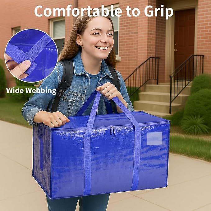 16 Pack-Extra Large Heavy Duty Moving Bags - Waterproof Storage Totes with Handles & Zippers, Foldable for College Dorm, Storage (Blue)