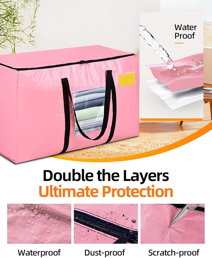 Extra Large Moving Bags, 4 Pack Heavy Duty Storage Bags Boxes Bins Totes with Hnadles Zippers Visible Window for Clothes College Dorm Travel, Pink