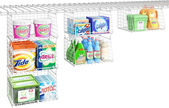 3-Tier Hanging Laundry Basket Organizer：Foldable Wire Shelf Laundry Room Organizer with 360°Rotating Hooks Small Space Solutions Pantry Baskets - Laundry Organization, White Patent