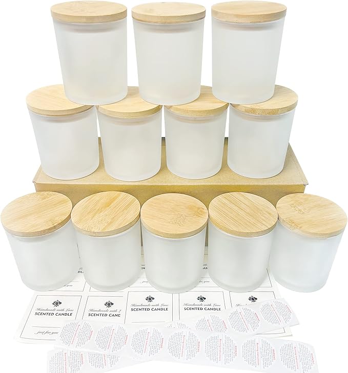 CONNOO 12Pack 10 oz Frosted Glass Candle Jars with Bamboo Lids for Making Candles Empty Candle Tins with Wooden Lids, Bulk Clean Candle Containers - Dishwasher Safe