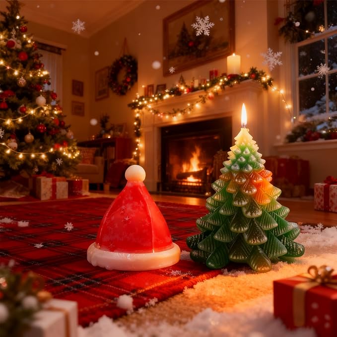 2pcs 3D Christmas Tree Silicone Candle Soap Epoxy Resin Wax Mold Silicone Shapes Christmas Trees Mold for Candle Resin Soap Craft Cake Chocolate Making Kit Christmas Gift (Christmas hat+Tree)