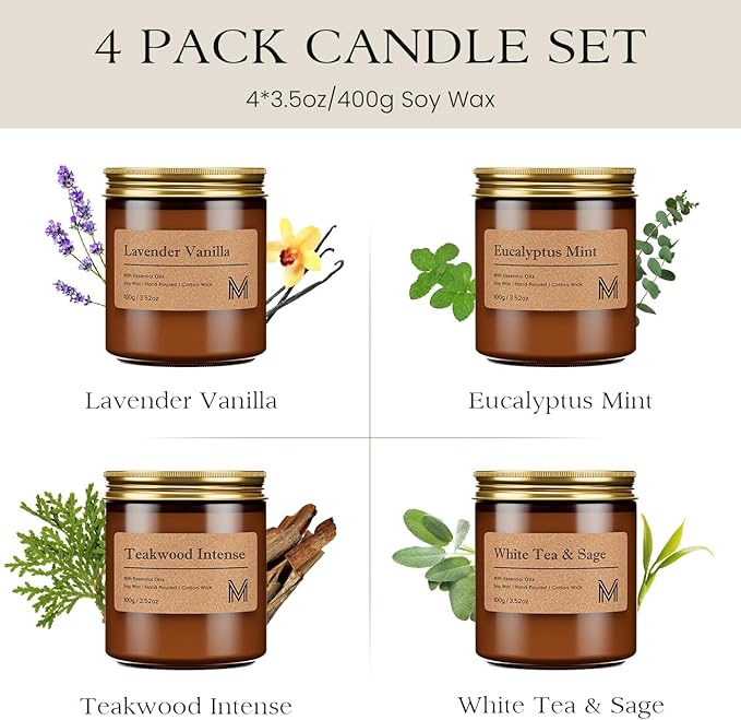 M&SENSE 4 Pack Christmas Candle Gift Set, Aromatherapy Candle Gift for Men and Women, Soy Wax Candles Home Scented, Long Lasting Amber Jar Xmas Candles for Christmas, Thanksgiving, Holiday