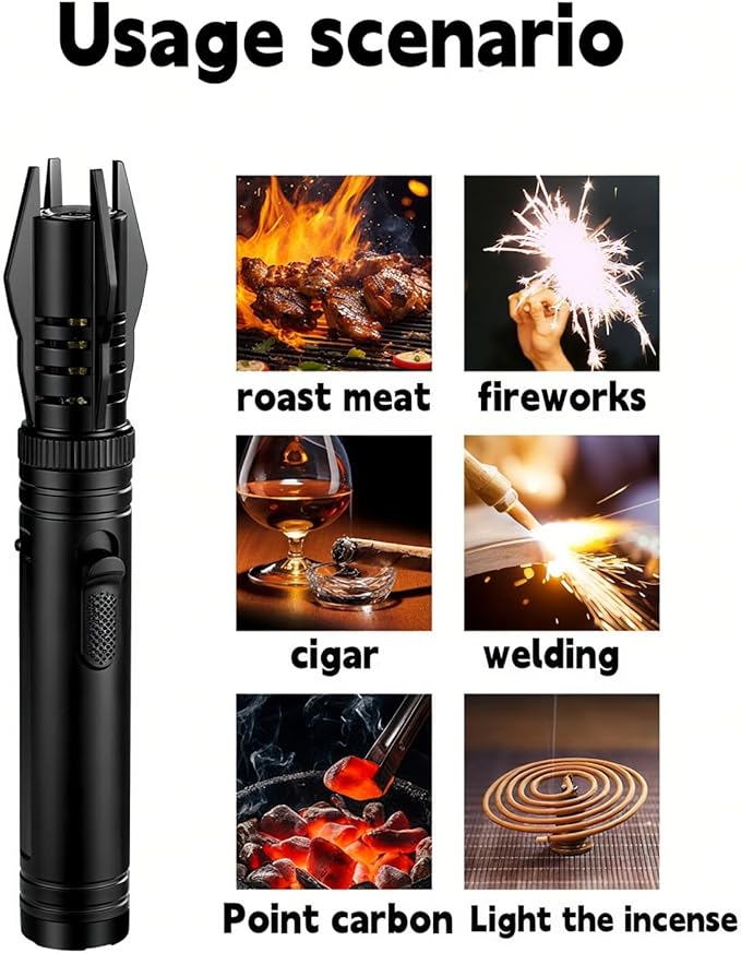 Torch Lighter, Refillable Butane Windproof Jet Lighter with Safety Lock & Adjustable Flame for Cooking, Camping, BBQ, Baking, Kitchen, Outdoor (No Gas Included) - Black