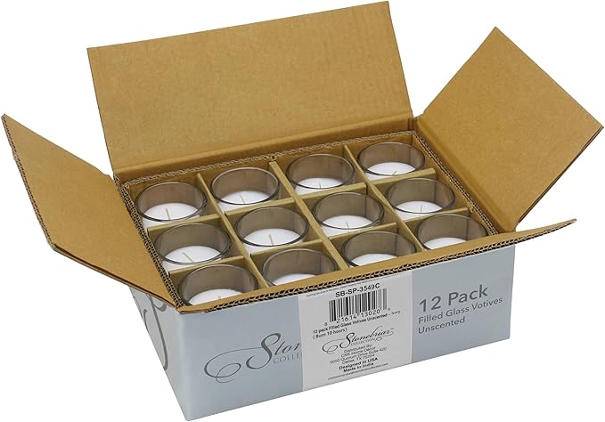 Stonebriar 12 Pack Unscented Long Burning Clear Glass Ivory Wax Filled Votive Candles