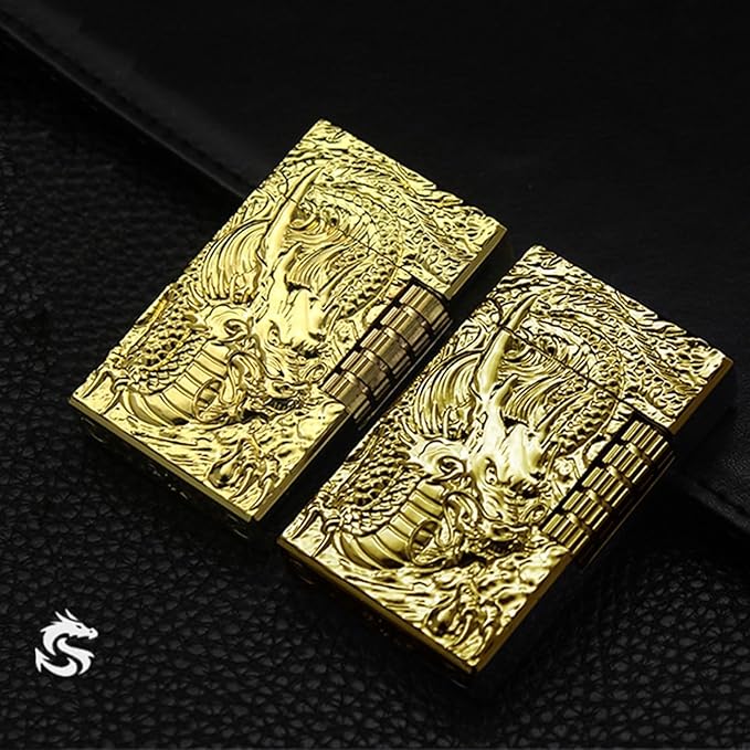 Dragon Relief Design Side Wheel Frosted Lighter, Refillable Butane, Soft Flame Lighter, Flip, Outdoor, Camping, Men's Gift (Free of Butane Gas) Gold