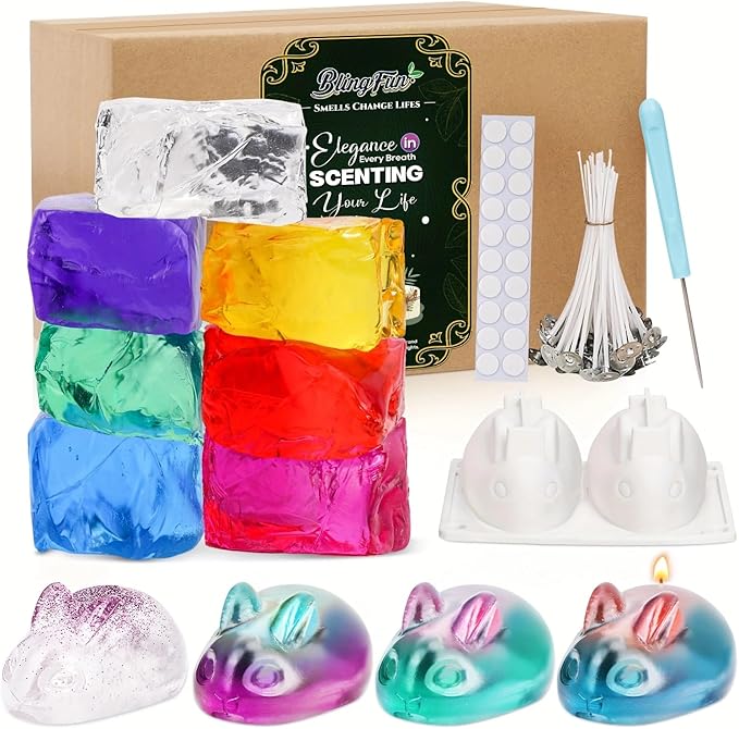 Blingfun Gel Wax Candle Making Kit with 7 Colors Jelly Wax, Rabbit Mold, Wicks, Wick Stickers, Drill - DIY Scented Candle Fun Craft Supplies for Home Decor