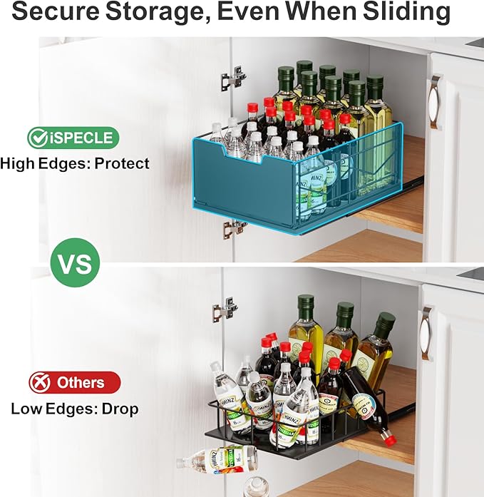 iSPECLE Pull Out Cabinet Drawer - For (12" - 36") Wide Cabinet, No Drilling Ideal for Renter, Easy Slide Out Access Items No More Digging, Large Capacity Store More for Kitchen Pantry Bathroom, 1 Pack