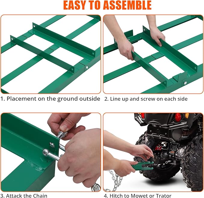 Driveway Drag 48" Wide, Tow-Behind Harrow for Driveways, Landscape Rake for ATVs, UTVs, Tractors, and Mowers, Lawn Leveling Tool with a 6FT Heavy-Duty Chain.