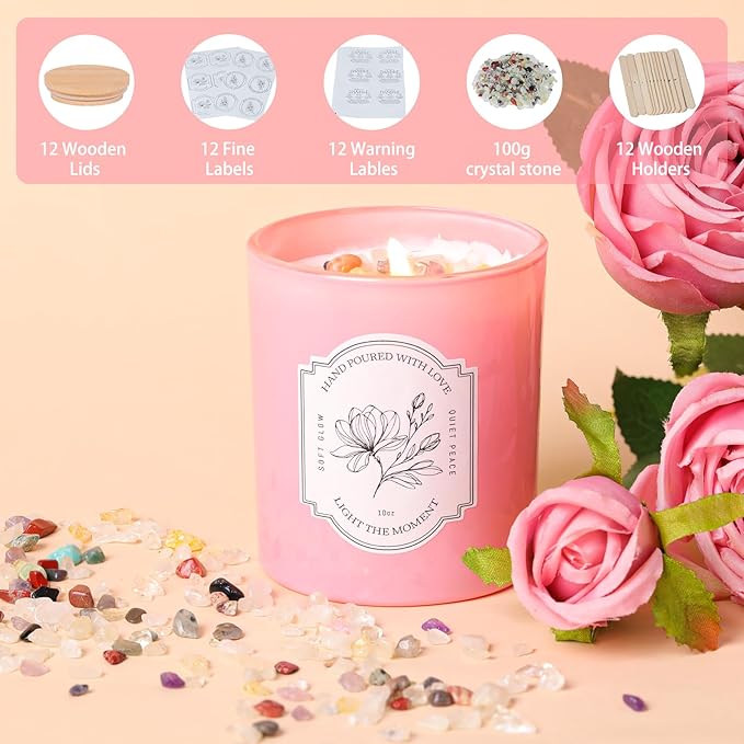 12Pcs Assorted Pink Glass Candle Jars with Wooden Lids for Making Candles, 10 OZ Empty Candle Jars with Labels and 100g Crystal Rocks, Candle Making Supplies Candle Containers for Home DIY & GIFTS