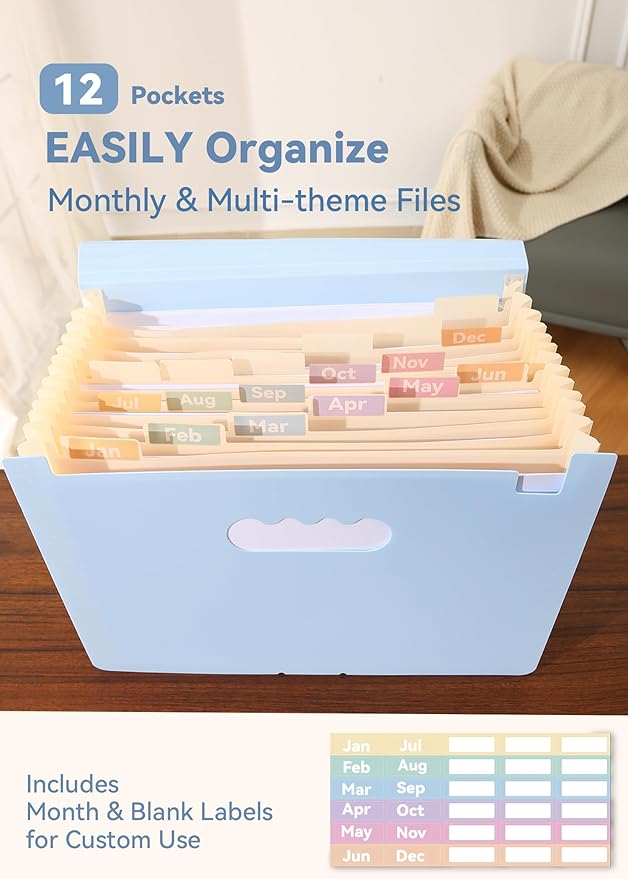 SortRax Accordion File Organizer 12 Pockets, Monthly Bill Receipt Tax Organizer, Expanding File Folders with Larger Bright Tabs, Fits Letter/A4 Size - Blue