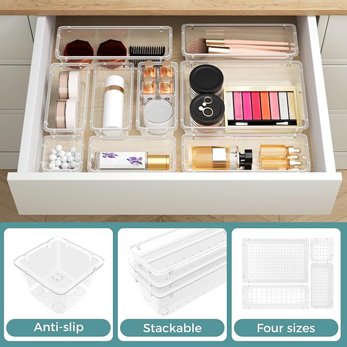 WOWBOX 44 PCS Clear Plastic Drawer Organizer Set, 5 Varied Size storage Bins and Desk Drawer Organizer Tool Trays for Makeup, Gadgets, Jewelry and Utensils in Bathroom, Bedroom and Office, Clear
