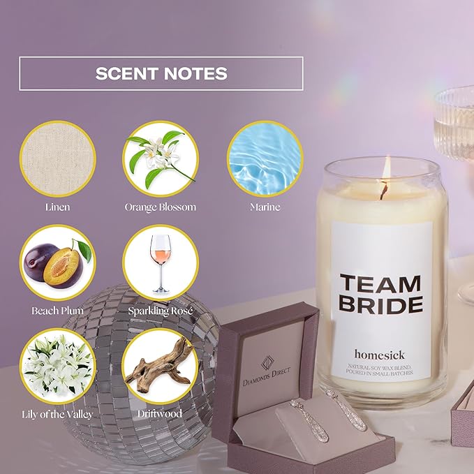Homesick Scented Candles for Home (Team Bride) - 13.75 oz Long-Lasting Natural Soy Wax Blend Jar Candle Gifts for Women & Men, 60-80 Hours Burn Time - Notes of Linen, Beach Plum & Lily of The Valley