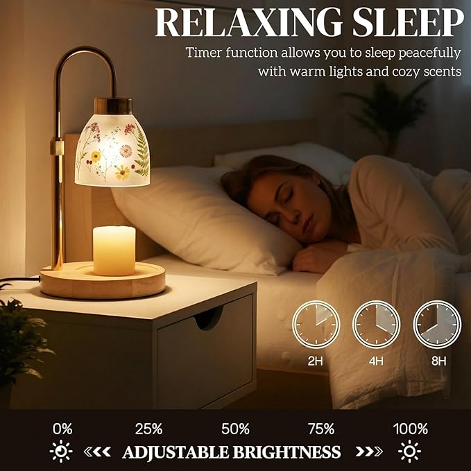 Baquler Pressed Flower Candle Warmer Lamp with Timer Dimmable Adjustable Height Vintage Boho Flower Candle Wax Lamp Housewarming Gifts for Women Mom Birthday Home Bedroom Decor(Transparent Style)