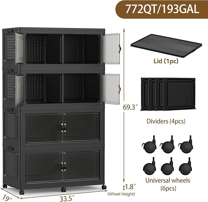 SAILUN 193Gal/772Qt Stackable Storage Bins Folding Collapsible Storage Bins with Lid, Closet Organizers and Storage Box with Door Black 33.5" W x 19" D x 69" H