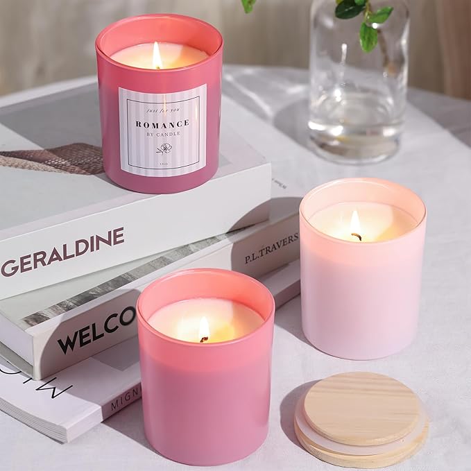 12Pcs Assorted Pink Candle Jars for Making Candles, 10oz Empty Candle Jars with Bamboo Lids and Labels, Glass Candle Jar for Candle Making Supplies, Candle Containers for DIY Gifts