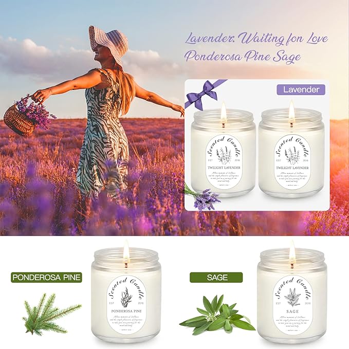 Lavender Candle Gift Set, 4 Pack Soy Wax Scented Candles for Home – Lavender, Sage & Ponderosa Pine – Aromatherapy Candles for Relaxation, Stress Relief & Gifts for Women