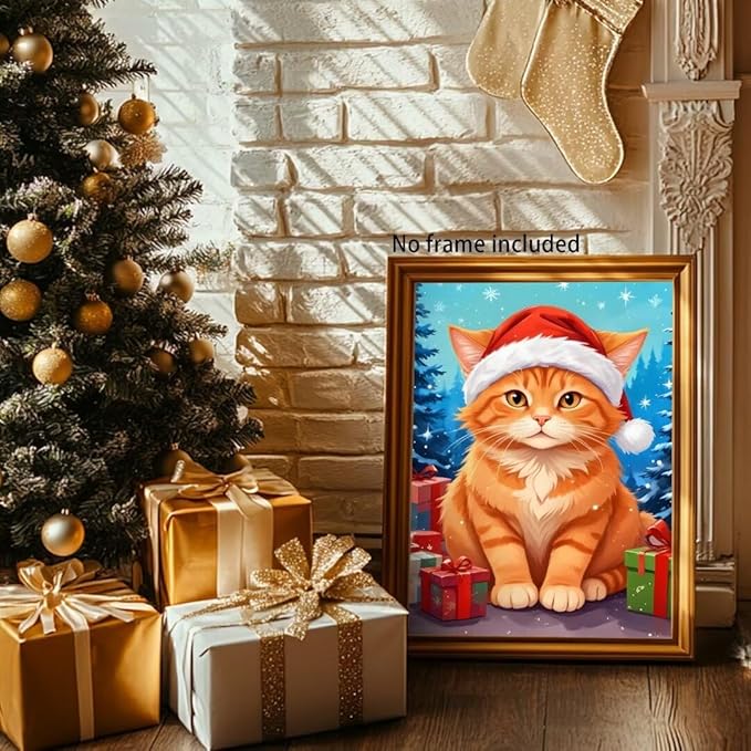 QZOTRXI Christmas Cat Diamond Painting Kits, Cat Winter Diamond Art Kits for Adults, Animal 5D Diamond Art Painting, DIY Round Diamond Dot for Home Wall Decor Gifts 12x16 Inch