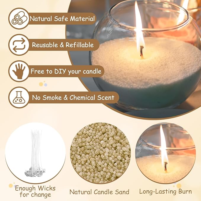 MECCANIXITY Pearled Sand Candles with 20 Pcs Wicks 7Oz / 200g Candle Beads Refillable Powder Sand Wax Making Kit for Thanksgiving Christmas Wedding Party DIY Home Crafts, Khaki