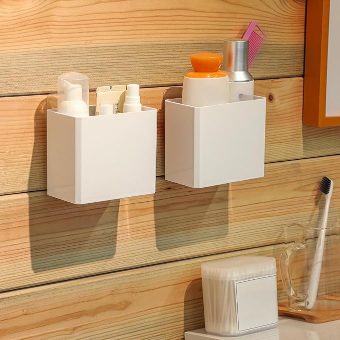 Suclain 2 Pcs Wall Mounted Organizer Non-Drilling Adhesive Floating Shelf White Wall Bin Organizer Hanging Storage Containers for Bedroom Bathroom Kitchen Office