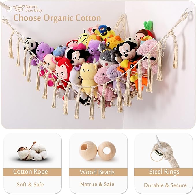 YKBU Stuffed Animals Hammock Corner Hanging Net with Wooden Beads Macrame Stuffed Animal Storage Ideas Plush Holder Toy Organizer for Boho Nursery Playroom Bedroom Kids Room Decor (cream, X-Large)