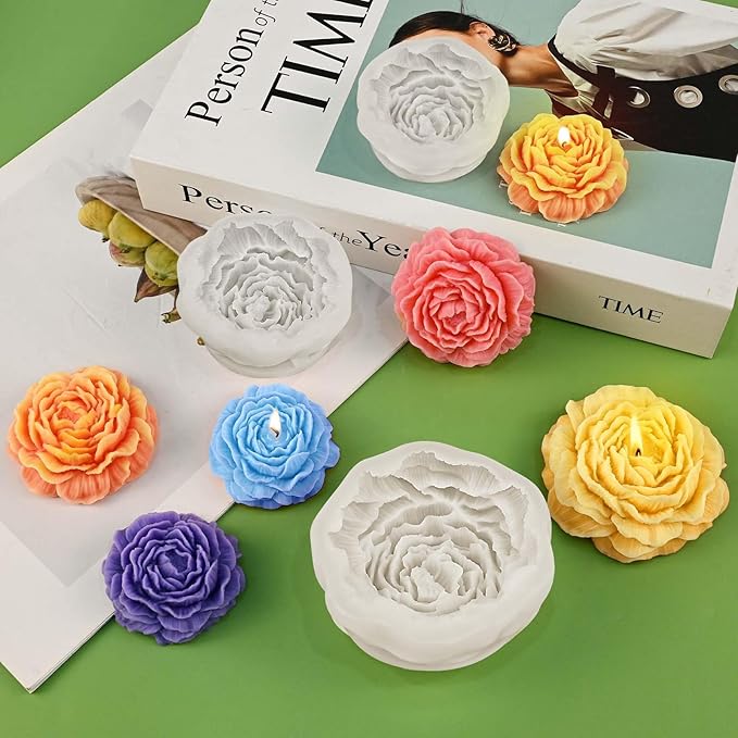 3 Pcs Peony Candle Mold for Candle Making, Set of Large + Medium +Small 3D Peony Flower Silicone Molds for Epoxy Resin Casting Wax Soap Clay Plaster Home Décor Handmade Gift