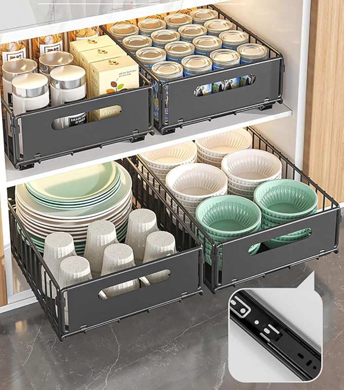 YunNasi Pull Out Cabinet Organizer Slide Out Drawer Storage Shelves Cupboard Organiser Sliding Cabinet Basket for Kitchen No Drilling and Nailing (Black, 2Piece 9.8" W X 15" D X 3.9" H)