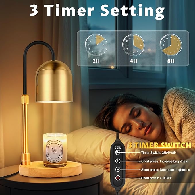 Candle Warmer Lamp Dimmable with Timer and 3 Bulbs, Adjustable Height & Brightness, Electric Candle Wax Warmer for Jar Candles, House Warming Gifts New Home Decor (Round Gold)