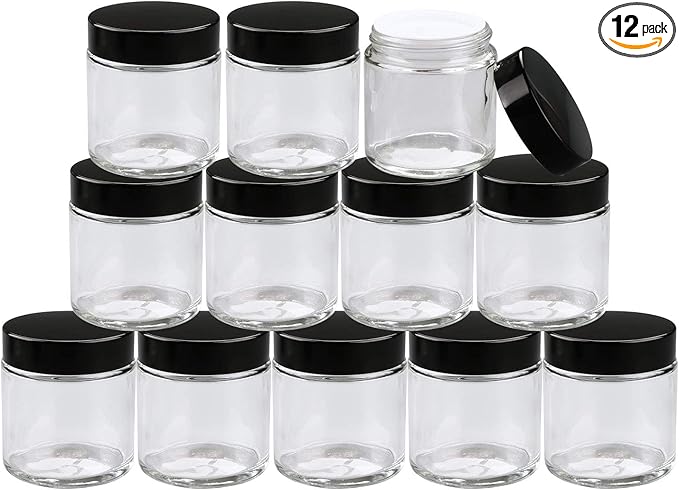 Encheng 12Pack of 4 oz Clear Round Glass Jars, with Inner Liners and black Lids,Empty Cosmetic Containers,Cream jars