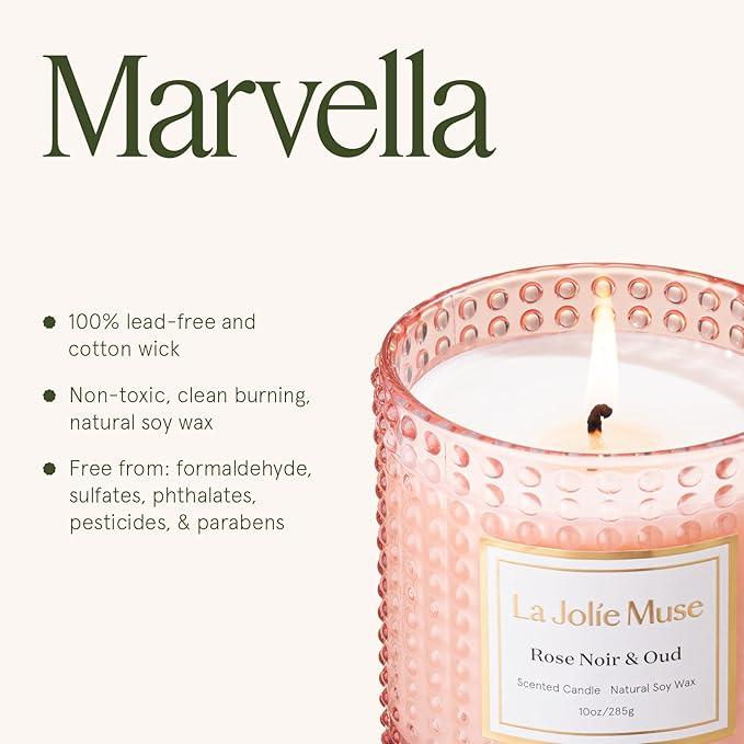 LA JOLIE MUSE Rose Noir & Oud Scented Candle – Lemon, Rose & Oud | 10 oz Natural Soy Wax | 55 Hours Clean Burn | Gift for Hosts & Gathering| Elegant Home Décor