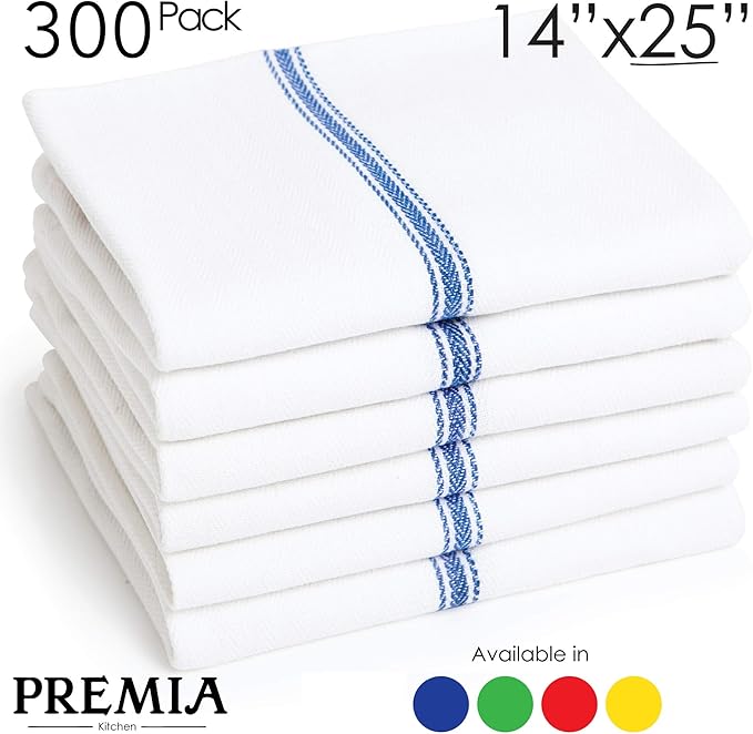 Bulk Economy Wholesale Kitchen Dish Towels (300 Towels) - 100% Cotton Herringbone - Commercial Grade - Bleach Resistant - Restaurant Bar Mops - 24 oz/dz - White with Blue Stripes
