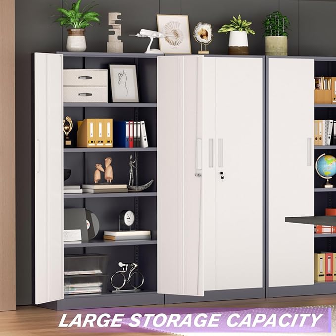 Superday Metal Storage Cabinets, 71" Storage Cabinet with Locking Door, Tall Garage Cabinet with 2 Doors and 4 Adjustable Shelves for Home Office, Classroom, Easy Assemble(White Grey)