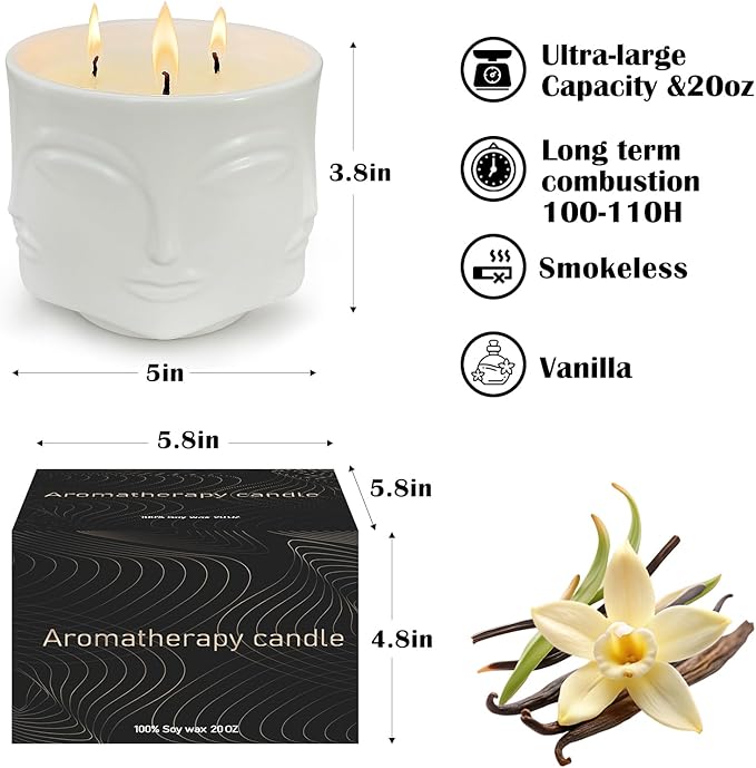 Strong Vanilla 3 Wick White Large Candle, 20oz, Ceramic, Outdoor Scented Candles, 100% Soy, for Home Scented, Yoga, Meditation, Patio, Table Decor, Beautiful Candle Jars
