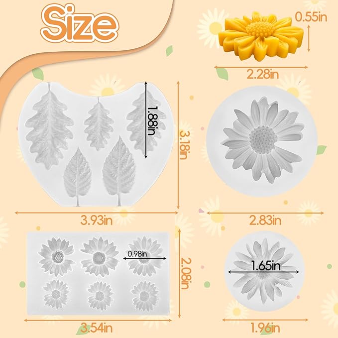 4 Pack Daisy Silicone Molds with Leaf Mold, Set of Large + Medium + Small + Mini Daisy Flower Molds for Candles Wax Soap Epoxy Resin Plaster Fondant Chocolate Cake Cupcake Topper Decoration