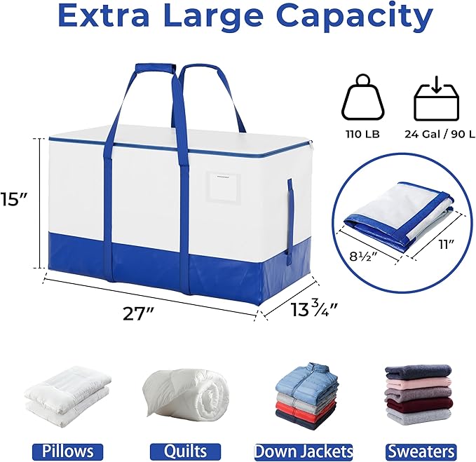 StorageWorks 6 Pack Extra Large Lidded Storage Bins, Moving Bags with Lid, Heavy Duty Storage Packing Tote for Clothes, Collapsible Moving Supplies with Reinforced Handles, White and Blue