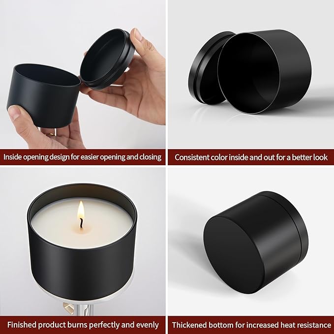 MGLIFEUL Candle Tins Jars Container Vessels for Making 4 8 Oz Black Empty Candle Tins Can Gift Box Packaging Plate with Lids Wax Container Bulk Making DIY Candle Supplies Accessories(Black,4oz,24pcs)