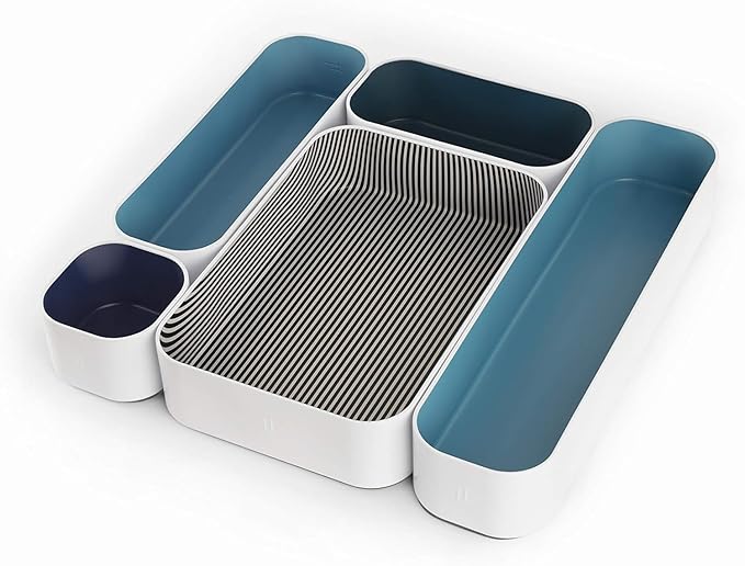 Three by Three Seattle 5 Piece Metal Organizer Tray Set for Storing Makeup, Stationery, Utensils, and More in Office Desk, Kitchen and Bathroom Drawers (2 Inch, Assorted Blue and Stripes)