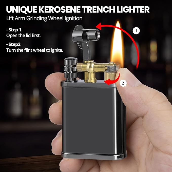 CHOICEDC Vintage Trench Lighter, Permanent Match, Cool Pipe Lighter, Unique Metal Lighters, Antique Kerosene Lighters Fluid Refillable, Reusable Waterproof Forever Matches, Classic Gift for Men,Black
