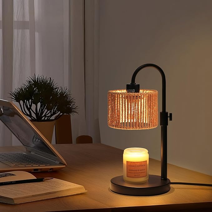 FINCMY Boho Candle Warmer Lamp, Adjustable Height Candle Wax Warmer with Timer, Candle Lamp Warmer for Jar Candles, House Warming Gifts Brithday Gifts for Women Bedroom Home Decor (Rattan)