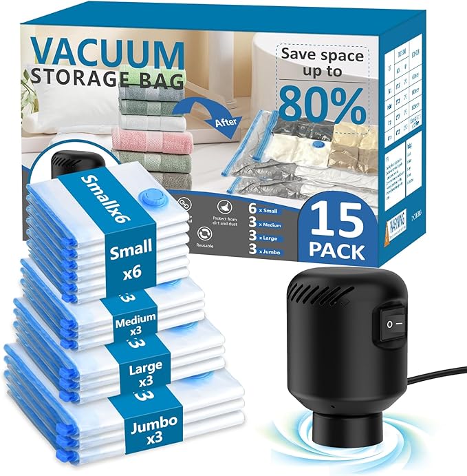 kissleaf 15 Pack Vacuum Seal Bag for Clothing with Electric Air Pump,Space Saver Vacuum Storage Bags for Clothes,Mattress, Blanket, Duvets, Pillows(3 Jumbo/3 Large/3 Medium/6 Small Bags)