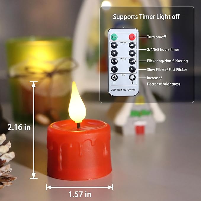Rechargeable Flameless Tea Lights with Charging Base and USB Cable, Remote Control and Timer, Realistic Flickering Warm White Light, 6 Pack Red LED Candles