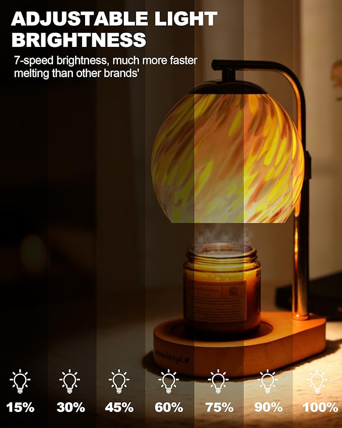 Stained Glass Candle Warmer Lamp with Dimmable 7-Level Brighness, Adjustable Height with 2/4/8H Timer, Home Decor with 2 Bulbs and Gifts for Women Mom Scented Jar Candles- Gold