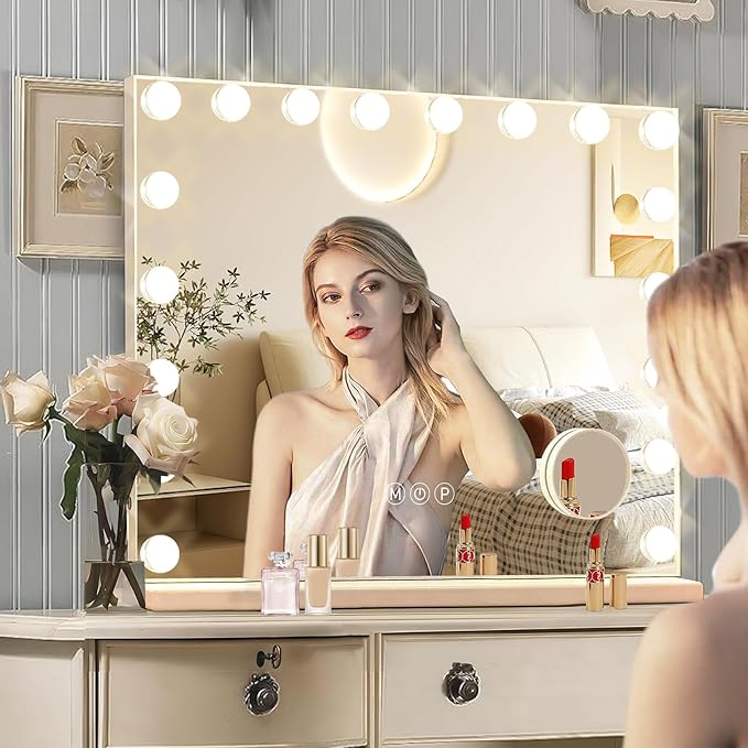 Ratsamee Hollywood Vanity Mirror with Lights, 18 Dimmable Bulbs, 3 Color Lights,Make Up Lighted Mirror, Aluminum Metal Frame, USB Charging Port（32" x 24"）