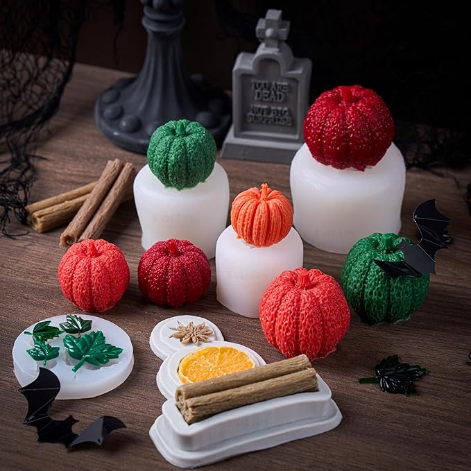 5 Pack Pumpkin Candle Molds Pumpkin Silicone Mold Set with Leaf Lemon Slices Star Anise Cinnamon Molds for Candles Wax Soap Making Epoxy Resin Casting 3D Candle Mold Halloween Thanksgiving Home Decor