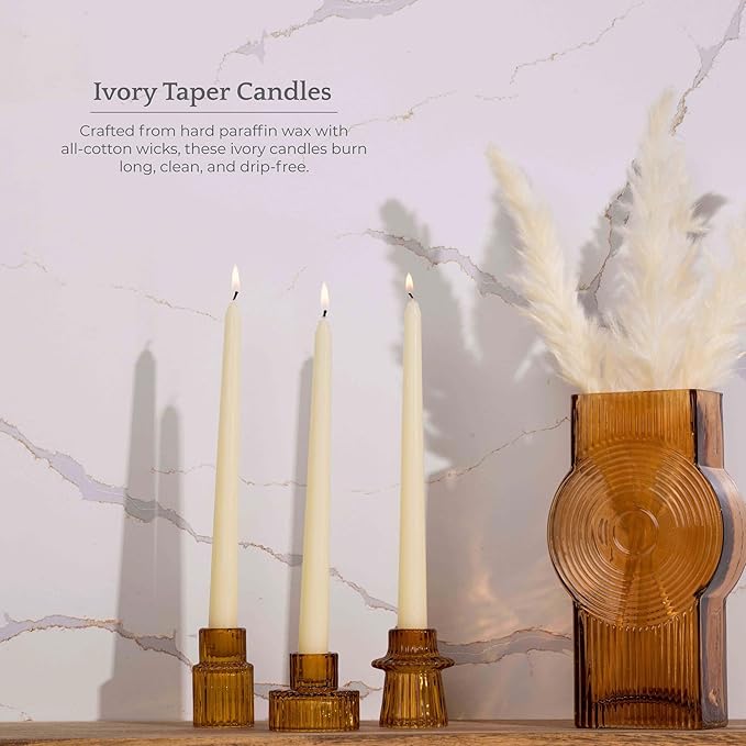 Bask 10-inch Taper Candles - Unscented and Dripless - Burns for 8 Hours - Home Decor for Dinner Table, Kitchen, and Bedroom - Perfect for a Romantic Date or Anniversary - 30-Pack - Ivory
