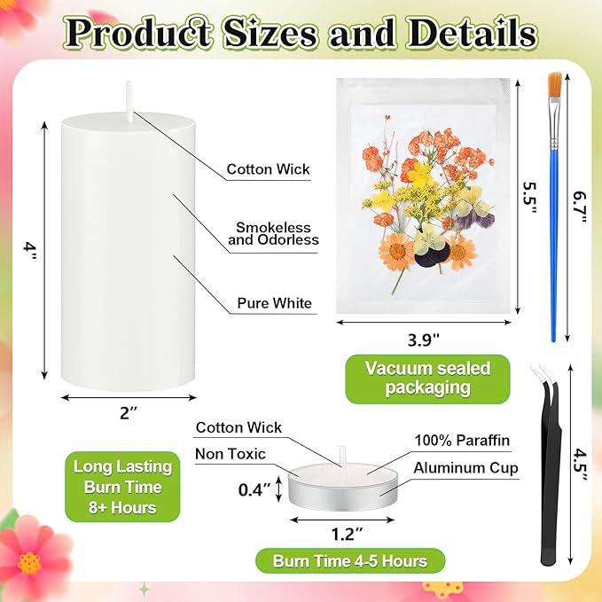 MTLEE 24 Pack Dried Pressed Flower Candle Painting Kit 6 White Pillar 6 Dried Pressed Flower 10 Tealight Candle Tweezer Brush for Galentines Girls Night Birthday Wedding Party DIY Crafts(4 Inch)
