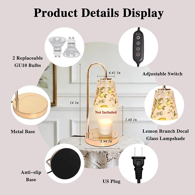 Lemon Candle Warmer Lamp with Timer & Dimmable & 2Bulbs, Womens Gifts for Christmas Birthday, Unique Candle Warmer Home Decor for Bedroom Holiday Decor Aesthetic (Candles not Included)